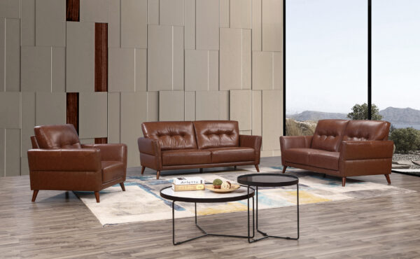 three brown leather sofas in a living room | Kent Beds and Sofas